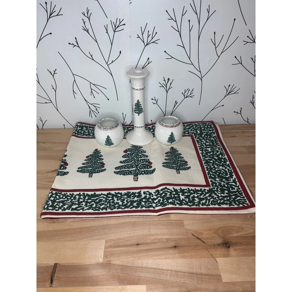 Christmas Tree Table Runner and Ceramic Candle Holder Set White Green Red 4pc